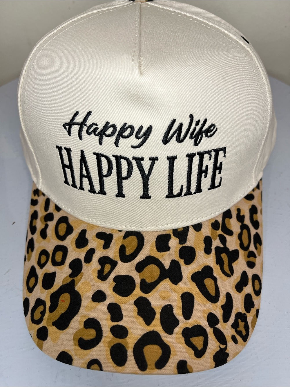 Zenana “Happy Wife Happy Life” Leopard Brim Baseball Cap - Cream/Leopard NEW